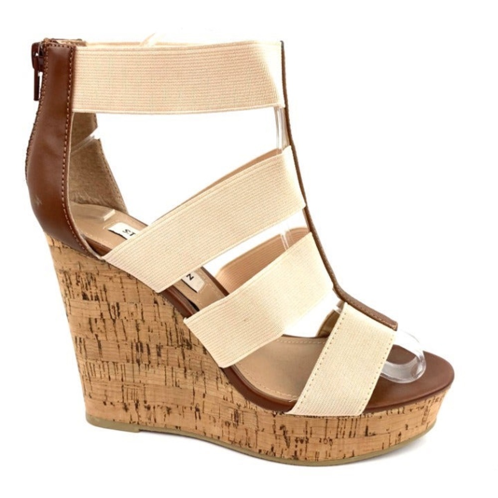 Steve Madden white stretchy strap cork wedges heel
